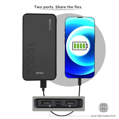 Image of Intex PowerFlex 10K 10000mAh Power Bank with 12W, Dual USB Output, Type-C & Micro USB Input, LED Battery Indicators, Portable Charger for Smartphones & Tablets (Black)