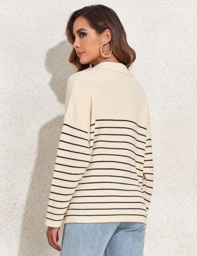 kayamiya Women's Polo V Neck Sweater Top Cable Knit Casual Fall Oversized Striped Pullover Sweaters4