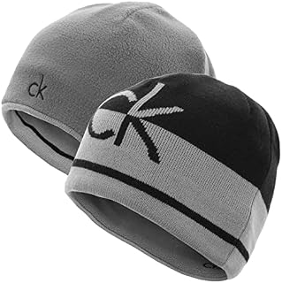 Calvin Klein Mens 2023 CK Logo Reversible Striped Knit Beanie Hat