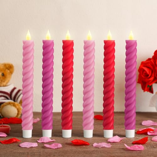 Image of Baquler 6 Pcs Flameless Taper Candle Pink and Red Twisted LED 9.65 Inch Taper Candles Battery Operated Twisted Candlestick for Spring Birthday Home Party Dinner Table Decor