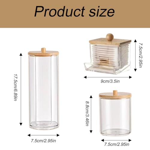 3Pcs Cotton Pad Holder,Cotton Wool Bud/Swab/Ball Holder,with Bamboo Lid,Bathroom Qtip Dispenser Jars Canisters Holders for Vanity Cotton Ball Qtips Makeup Storage Organiser Cosmetic Storage Box - Image 3