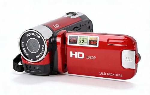 Video Camera Camcorder, Full HD 1080P 16MP Vlogging Camera Recorder with 2.7in Rotatable Screen, 16x Digital Zoom Digital Camera Gift for Friends and Family (Red)
