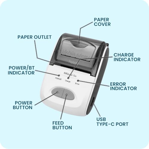 Image of helett BillQuick Go 2 Inch (58mm) Thermal Receipt Printer & Billing Machine for Retail Shop | Bluetooth + USB Type-C | 203 DPI | 2600mAh Battery | Android, iOS, Windows & Mac | Adapter & Roll