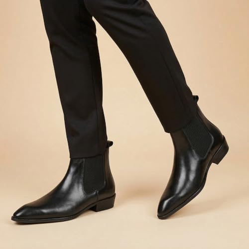 Image of Hayes London Chelsea Boots for Man | Crust Leather Black Ankle Boots | Cuban Heel Pointed Toe Stylish Formal & Casual Boots for Men | Slip-On Elastic Side Panel