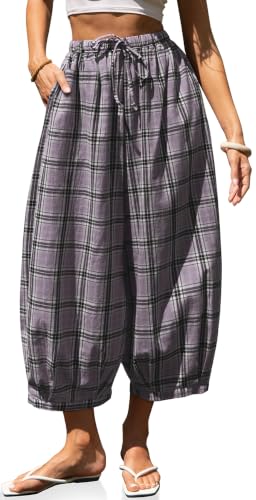 Image of TARSE Women's Plaid Cotton Linen Wide Leg Pants with Pockets