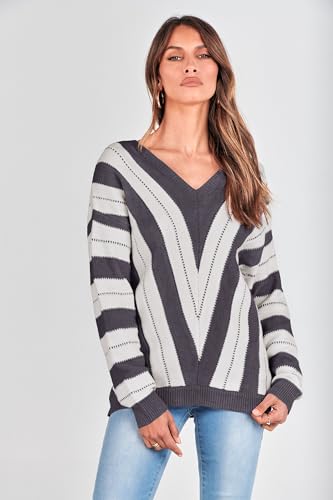 PRETTYGARDEN Sweaters for Women 2025 Long Sleeve Striped Knitted V Neck Pullover Jumper Tops Fall Outfits Fashion Clothing