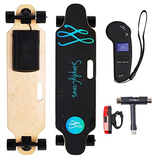 Simply Cones Electric Skateboard - Motorized Longboard Cruiser with 400W Motor, Max Speed 20 MPH, 20 Mile Range, Remote Control, Grip Tape Surface, Tail Light, Rubber Bumper