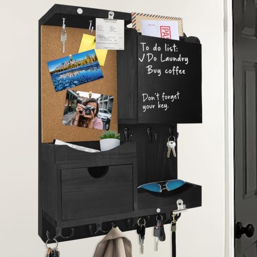 HEKOOLA Key Holder Wall Mount, Mail Organizer Key Holder for Wall with Shelf, Drawer, Chalkboard, Corkboard, Home Decor Mounted for Room Entryway (Black)