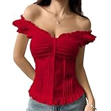 Top Corto con Ribete de Encaje para Mujer, Camisa de Manga Corta con Volantes y Detalles de Botones, Camisas de Verano Informales de Corte Ajustado (Red,XL)