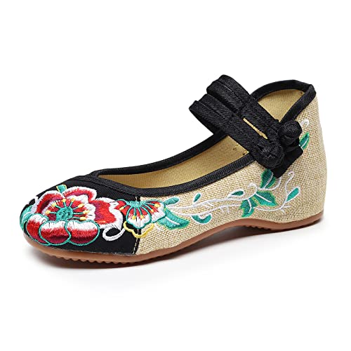 YunPeng Women Mary Jane Flat Shoes Casual Chinese Traditional Embroidered Ballet Canvas Shoes