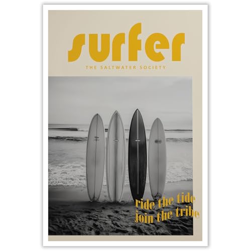 Retro Surfer Society Poster, Monochrome Surfboard Beach Print, Bold Yellow Typography Coastal Wall Art, Saltwater Tribe Ocean Decor, Vintage Surf Culture Artwork(16x24inchs，Unframed)