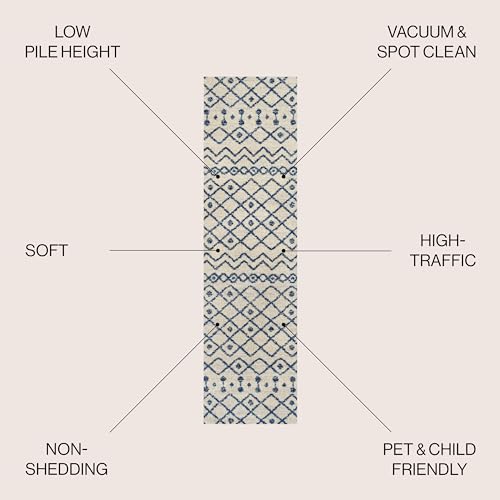 Image of JONATHAN Y Aksil Moroccan Beni Souk Cream /Navy Runner Rug, 2x8, Bohemian, Scandinavian, Easy-Cleaning for Living Room, Bedroom, Kitchen, Pet Friendly, Non-Shedding (MOH208F-28)