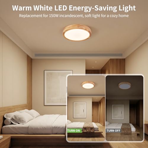 Image of 11.8 Inch Wood LED Flush Mount Ceiling Light 3000K, 2 Pack