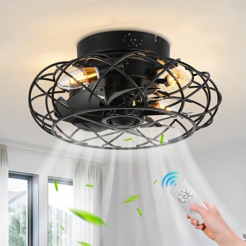 YYEHON Caged Ceiling Fan with Lights and Remote Control, Flush Mount Bladeless Chandelier Fan, 16.1" Low Profile Fandelier for Bedroom, Living Room, Kitchen by YYEHON - Used condition - US$50.80