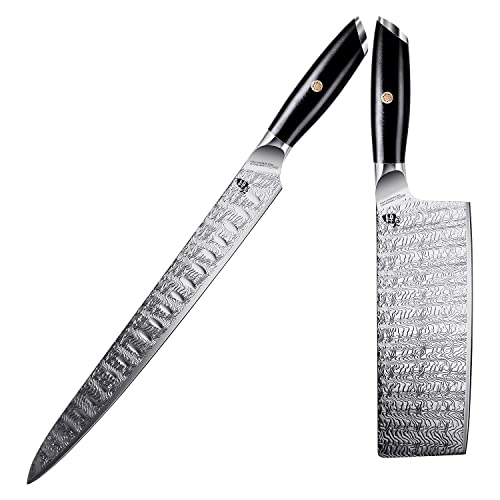Tuo Slicing Knife 12 Inch&Nakiri Knife 6.5 Inch Aus-8 Japanese Stainless Steel Carving Knife&Vegetable Cleaver Knife With Full Tang G10 Handle - Falcon S Series With Gift Box #TOP12