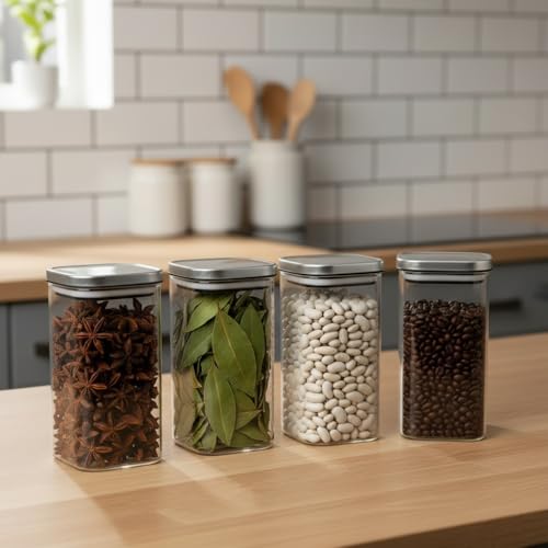 Image of ginoya brothers Airtight Borosilicate Glass Square Jar With Wooden Or Steel Lid Multi-Size, Container for Spices, Coffee, Grains, Snacks & Kitchen Organization (2, STEEL LID, 420 ML)