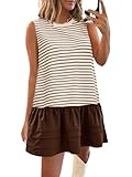 Wenrine Womens Summer Tank Mini Dress Casual Striped Sleeveless Crewneck Constrast Patchwork Loose Dresses Dark Brown