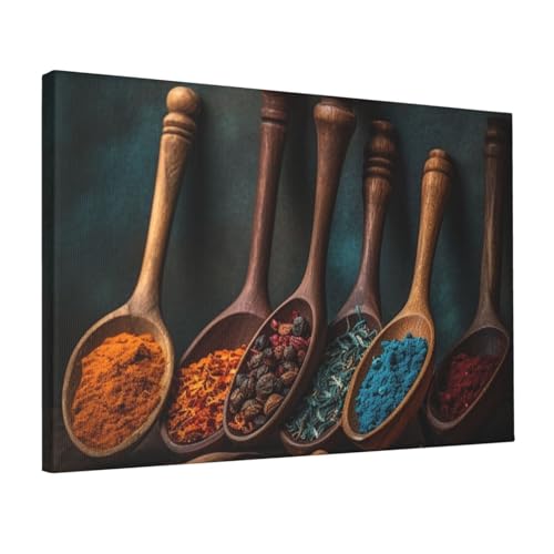 Toile murale moderne épices sur cuillère en bois cadre 45x30 cm