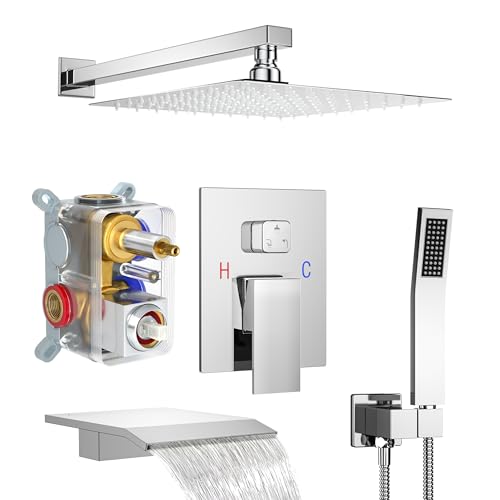 Fatspas Shower System with Tub Spout, 10-Inch High-Pressure Rain Showerhead and Handheld Combo, Polished Chrome Shower Faucet Set with Rough-in Valve and Trim, Wall Mounted 3-Way Shower Set