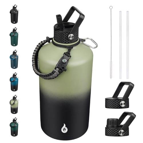 Image of BJPKPK 1 Gallon Water Bottle with Straw Lid, 128oz Large, Stainless Steel Water Bottles with 3 Lids and Paracord Strap, Double Wall Vacuum Metal Water Jug, Camp Green & Black