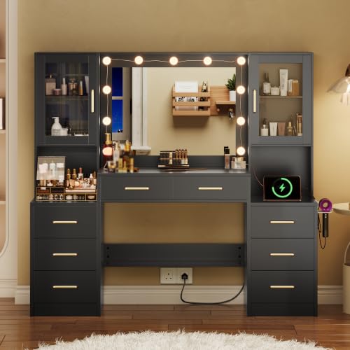 Image of Makeup Vanity Desk with Mirror and Lights, 58.3 inch Makeup Vanity with Lights & Charging Station, Black Dressing Table Vanity Set Vanity Table with 8 Drawers & 2 Cabinets, with Installation tools