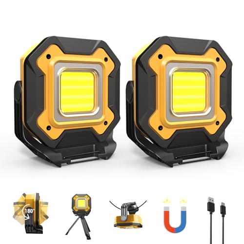 CedarAce 2 Pack Rechargeable LED Work Light, 6000mAh 16 Hours Long-Lasting Cordless Magnetic Light, IPX5 Waterproof, 360°Rotate Portable Flashlights, Battery Lamp for Car Repair&Camping, Gifts for Men