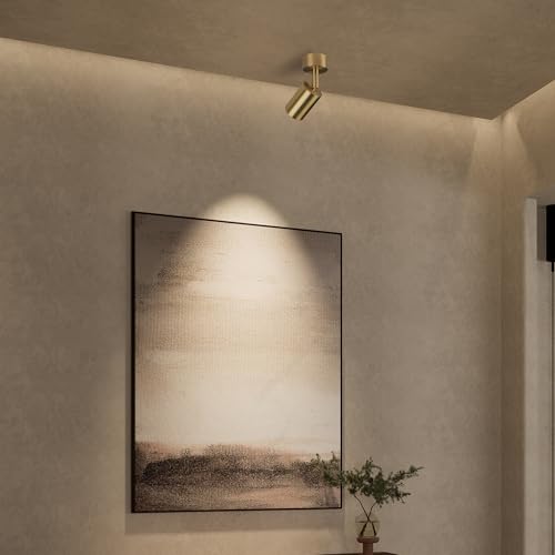Image of Aisilan 7W LED Spotlight Indoor, Solid Copper Surface-Mounted Adjustable Ceiling Spotlight, Anti-Glare Accent Lamp in Brushed Golden Finish, Natural White for Corridors, Galleries Artwork