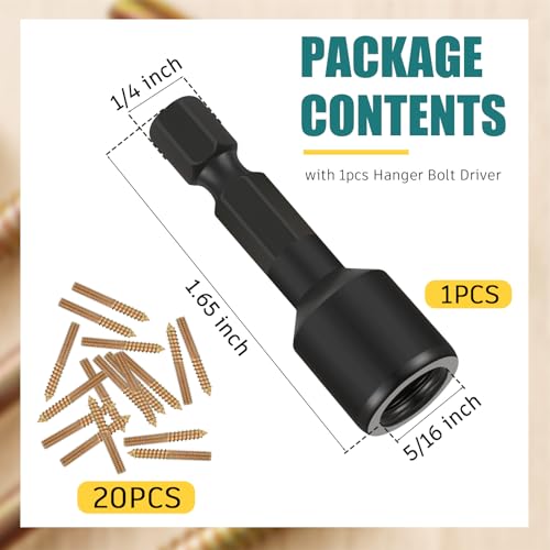 Image of Hicarer 20 Pack 5 /16-18 x 6 Inch Hanger Bolts Double Headed Bolts with Driver Self Tapping Screw Threaded Rod Screws for Furniture Double Headed for Wood Furniture Joint