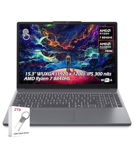 Image of Lenovo IdeaPad Slim 3 15.3 inch WUXGA 1920 x 1200 Touchscreen, AMD Ryzen 7 8840HS, AMD Radeon 780M, 24GB DDR5 RAM 2TB PCIe SSD, Wi-Fi6, Bluetooth 5.3, Windows 11, Luna Grey, w /2TB USB Drive, W /GaLiMu
