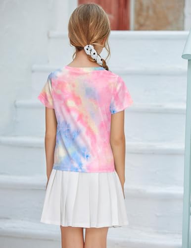 Image of Arshiner Girls Short Sleeve Shirts Tie Knot Front Tops T Shirts for Kids Crewneck Cute Casual Tie Dye Tee Blouse
