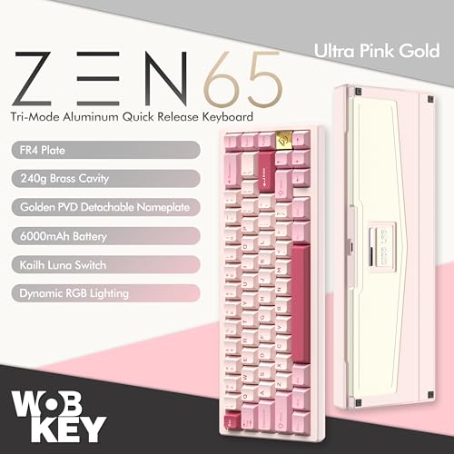 Image of KEEBMONKEY WOBKEY Zen 65 65% Quick Release Wireless Mechanical Keyboard with RGB, CNC Aluminum Case, Hot-Swappable, VIA Support, BT /2.4G /USB-C Gaming Keyboard for Mac /Windows (Ultra Pink Gold)