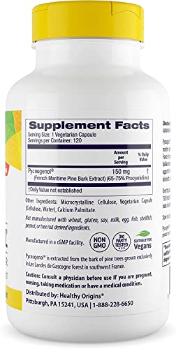 Healthy Origins Pycnogenol 150 Mg (Nature's Super Antioxidant, Non-Gmo, Gluten Free, Cardiovascular Support), 120 Veggie Caps #TOP1
