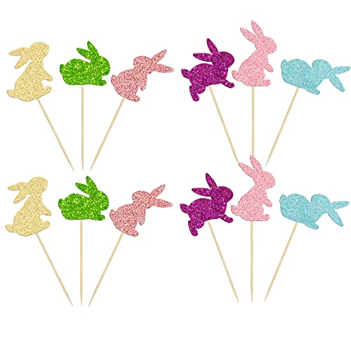 24Pcs Happy Easter Cupcake Toppers Glitter Cute Bunny Cake Decorations Bunny Rabbit Cupcake Picks For Easter Spring Theme Babyshower Kids Birthday Party Supplies #TOP2
