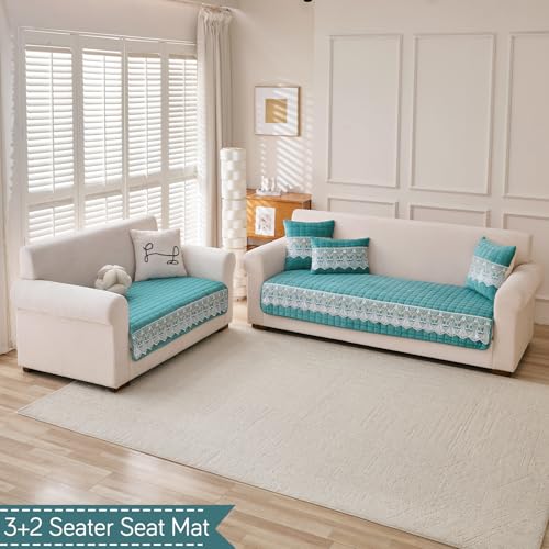 Image of HOKIPO 'BelleLace Series' 5 Seater Sofa Cover Mat in 3+2 Seater Combination | Imperial Milk Velvet with Anti Slip Backing, Teal (AR-5966+5964-TEAL)