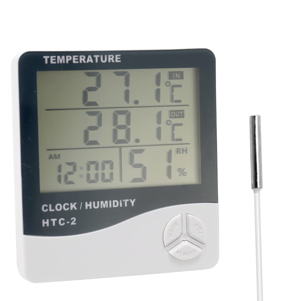 HTC-2 Indoor and Outdoor Large Screen Digital Display Temperature and Humidity Meter Time Calendar Alarm Thermometer and Hygrometer