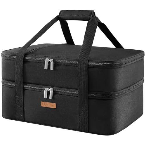 LUNCIA Insulated Double Decker Casserole Carrier, Lasagna Lugger Tote Keeps Food Hot or Cold, Thermal Lunch Bag for Potluck Parties, Picnic and Cookouts, Fits 9" x 13" Baking Dish, Black