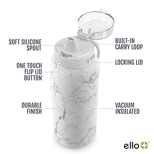 Image of Ello Cooper 22oz Stainless Steel Water Bottle with Straw and Carry Handle, Double Walled and Vacuum Insulated Metal, Leak Proof Locking Lid with Soft Silicone Spout, Reusable, BPA Free, White Marble