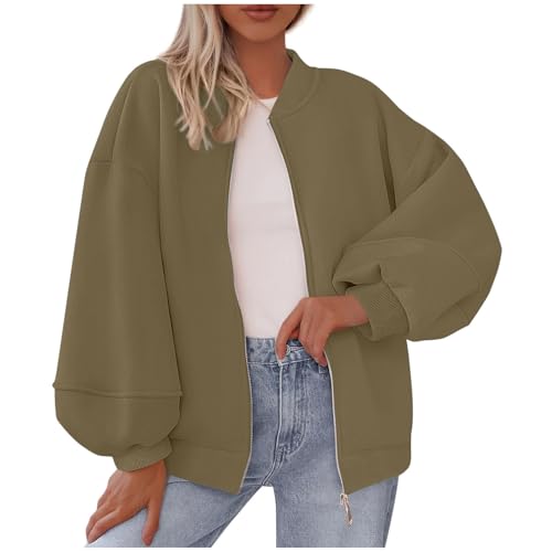 Bomber Jacket for Women Zip Up Oversized Sweatshirt Jackets Casual Long Sleeve Tops Fall Clothes Outwear Outfits