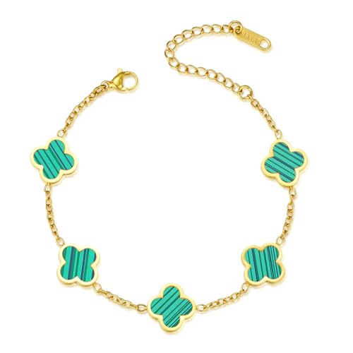 URSUNDAOP Gold Bracelets for Women‌,Four Leaf Clover Bracelet‌,Fashion Jewelry for Women,Gifts for Women,Lucky Bracelet for women,Double-sided Same Color,18K Gold-plated Titanium Steel (Green)