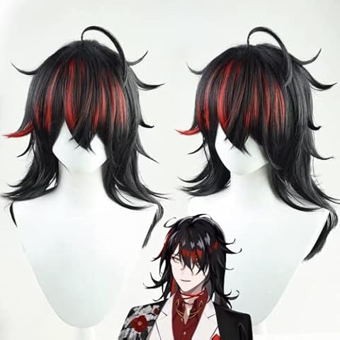 VTuber Hololive Vox Akuma Cosplay Wig, Black Mixed Red Heat Resistant Synthetic Hair With Wig Cap for Halloween Costume Carnival Cover