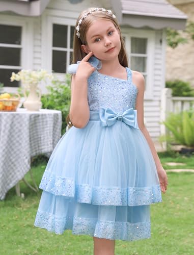 AWIBMK Kids Baby Girls Bowknot Sequin Tulle Dress Tiered Tutu Flower Girl Birthday Wedding Party Pageant Dresses Blue 3-4 Years3