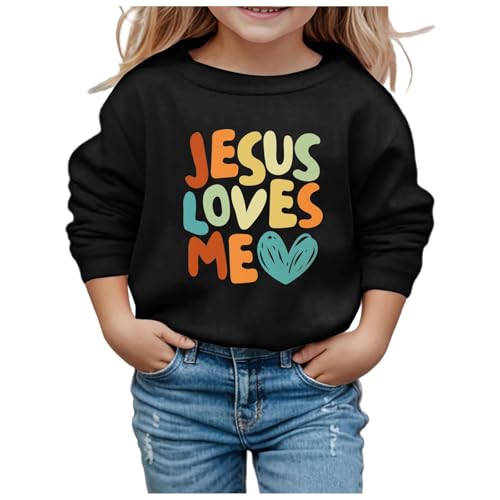 HBDHEJL Jesus Loves Me Girls Christian Sweatshirt Letter Graphic Crewneck Long Sleeve Sweatshirt Fashion Cute Pullover Tops 3-4 Years 02 Black