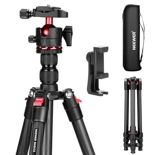 Image of NEEWER Basics Carbon Fiber Travel Tripod, 64 inch Compact Lightweight Portable Camera Video Stand, Arca Type Ball Head & Cell Phone Holder Compatible with iPhone Video Recording, Max Load 13.2 lbs, TP17