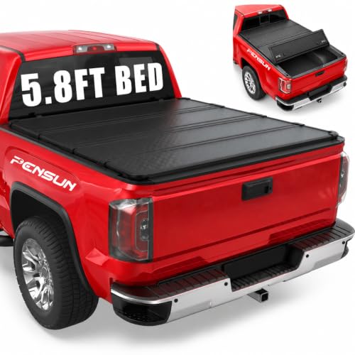 PENSUN 4-Fold Hard Bed Tonneau Cover Fit for 2019-2026 Chevrolet Silverado GMC Sierra 1500 Pickup Truck Bed Cover with LED Lights - 5.8 FT（69.6in）