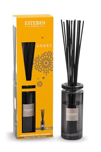 Esteban - Raumduft mit Duftstäbchen - Diffuser mit Stäbchen - Duftstrauß - Dauerhafte Kaltverdunstung - Schlichtes Design für Dekorative - Natürlich - Langanhaltend Lufterfrischer - 100 ml - Ambre
