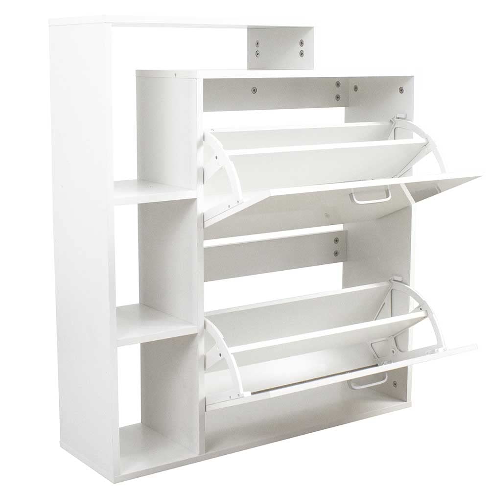 BAKAJI Slim Oszczędność miejsca na buty na buty z półką 4 półki drewniane MDF 2 drzwi z podwójną głębokością 80 x 24 x 90,5 cm nowoczesny design w kolorze białym