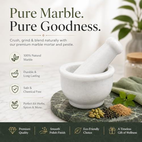 Image of Natural White Marble Mortar and Pestle Set, Solid Stone Grinding Bowl Natural, Heavy, Non-Porous Tool Imam Dasta, Ohkli Musal, Kharal /Khalbatta or Mixer and Grinder Set for Kitchen -3 X 2 Inch (White)