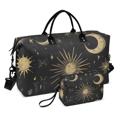 Boho Travel Gym Bag, Celestial Sun Moon Star Weekender Overnight Duffle for Women with Toiletry Bag Travel Tote