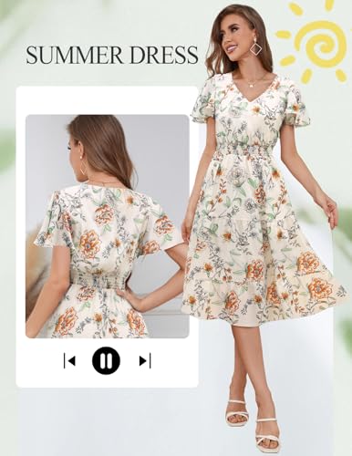 Image of Bridesmay Women's Summer Floral Midi Dress V Neck Short Sleeve A-Line Casual Beach Vacation Dresses Flowy