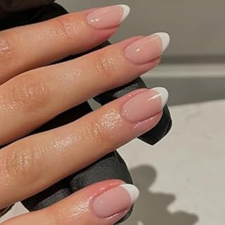 modelones French Tip Press On Nails, Short Oval Fake Nails Press Ons with Nail Glue, Adhesive Tabs, Nail File, Prep Pad, Manicure Stick, 32Pcs 16 Sizes, Nude, Spring Women Girl Gift
